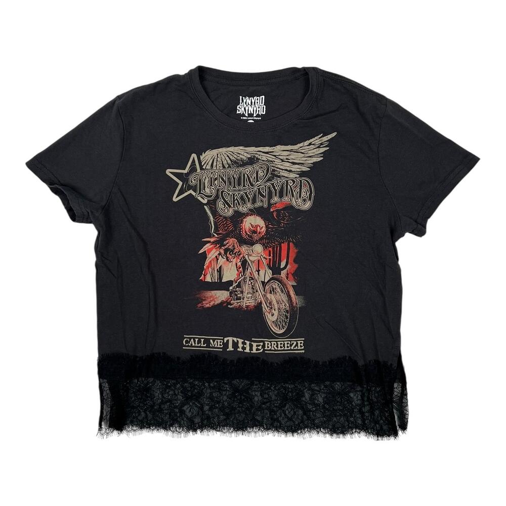 Lynyrd Skynyrd T-Shirt Women's Medium Black Call Me The Breeze Lace Crop Band
